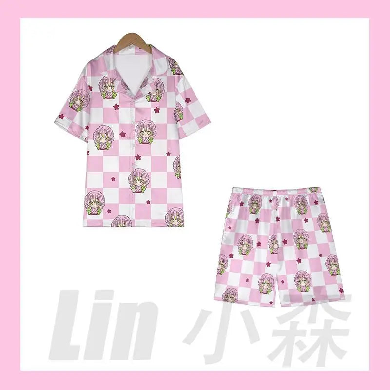 Anime Cosplay Homewear Demon Slayer Agatsuma Zenitsu Cute Pajama Set Demon Girl Pink Pattern Nightwear Loungewear Holiday Gift