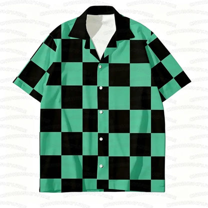 Summer Men's Women's Japanese Anime Tanjiro Kamado Printed Button Casual Hawaiian Shirt  Beach Vacation Cosplay Shirt