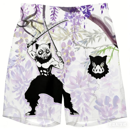 Demon Slayer Wisteria Shorts for Adults and Children, 3D Printed Beach Shorts of The Swordsman Under The Wisteria