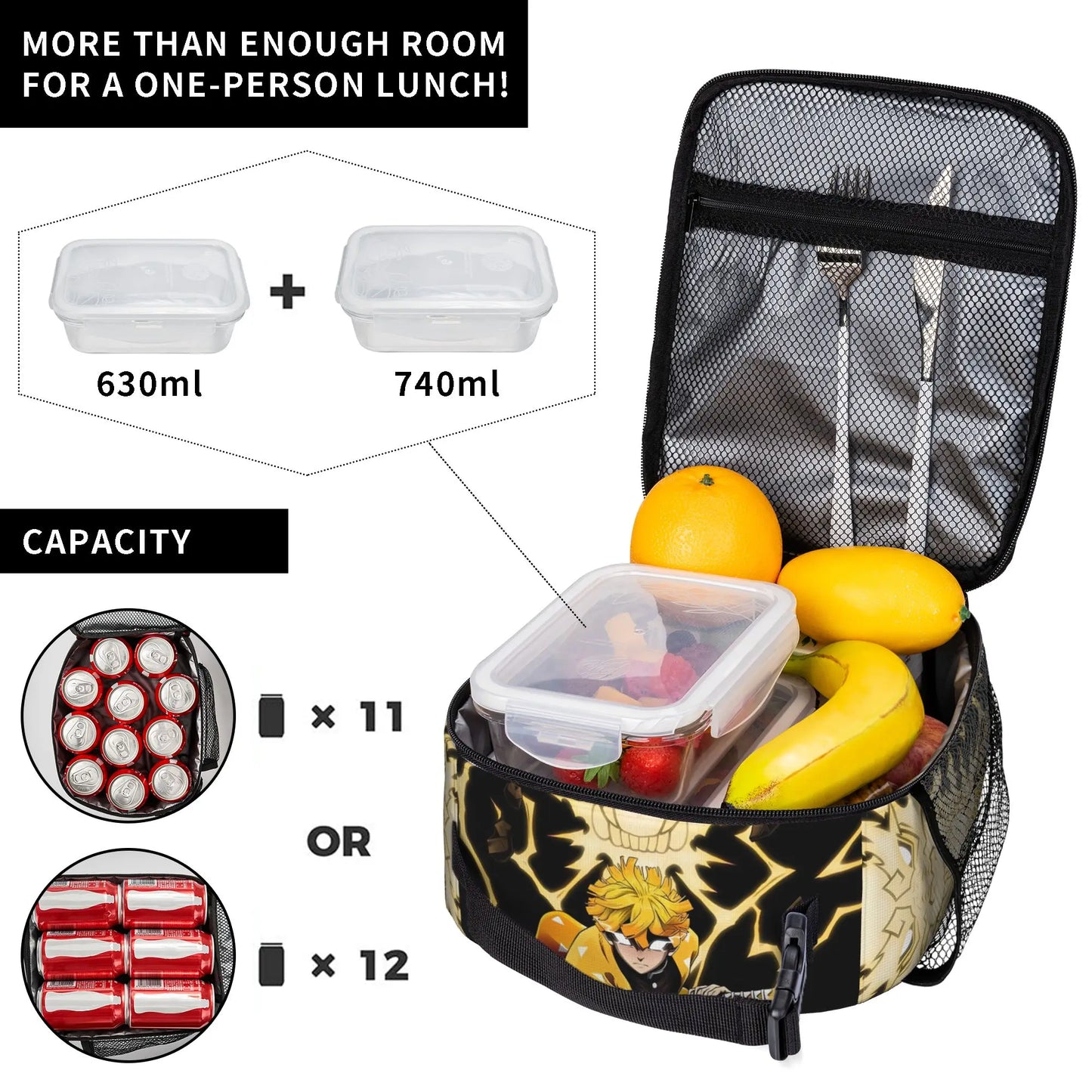 1 Piece Portable Lunch Container Lightning Warrior  Zipper Closure Durable Pocket Demon Slayer  For Lunch Lunch Box Bag