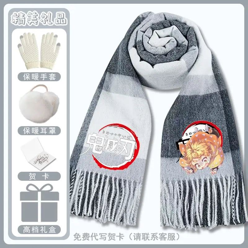 Anime Demon Slaye Nezuko Tanjiro Cartoon Printed Scarf Autumn Winter Men's and Women's Fashion Versatile Warm Grid Scarf