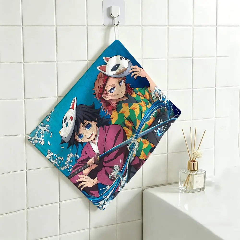 Cartoon Figure Giyu Tomioka Hanging Polyester Cotton Towel, Reusable Hand Wiping Cloth, Wear Resistant for Home Kitchen Sink
