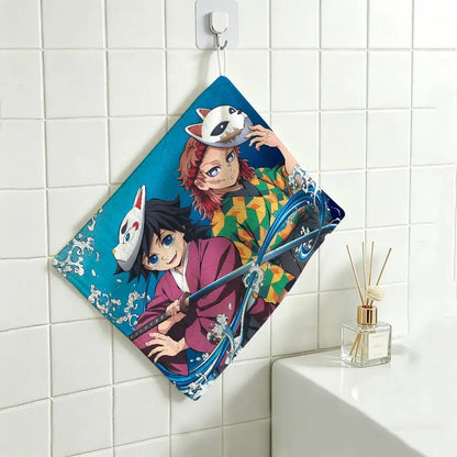 Cartoon Figure Giyu Tomioka Hanging Polyester Cotton Towel, Reusable Hand Wiping Cloth, Wear Resistant for Home Kitchen Sink