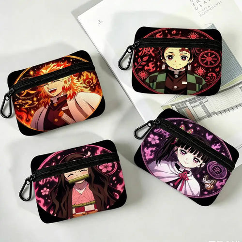 Anime Demon Slayer Multifunctional Oxford Cloth Small Pouch With Hook Mini Coin Wallet Earbud Storage Bag