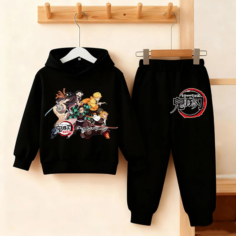Demon Slayer Anime Hoodie Pants Set Children Hooded Sweatshirt Outerwear Pants Set Boys Girls Tops Autumn Pullover Clothing Gift