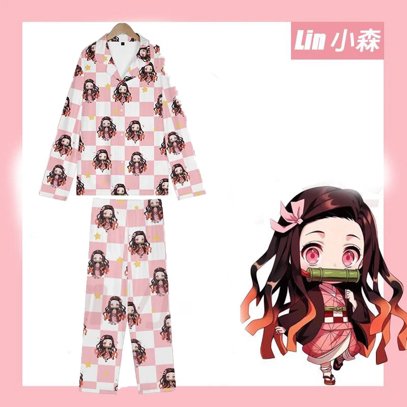 Anime Cosplay Homewear Demon Slayer Agatsuma Zenitsu Cute Pajama Set Demon Girl Pink Pattern Nightwear Loungewear Holiday Gift