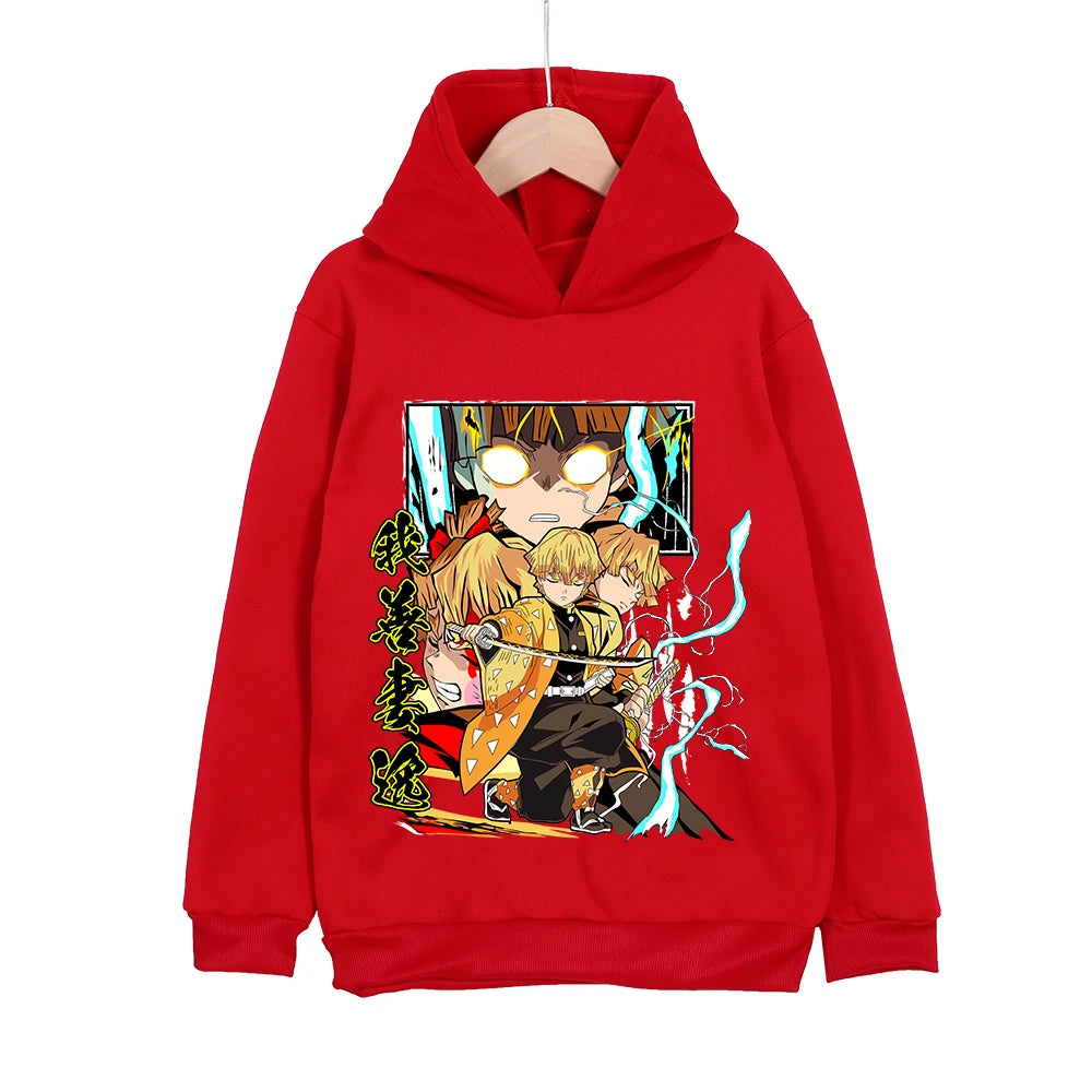 Kids Anime Demon Slayer Zenitsu Print Cotton Hoodie Unisex Boys Girls Pullover Sweatshirt Cosplay Costume for 3-12 Year Children