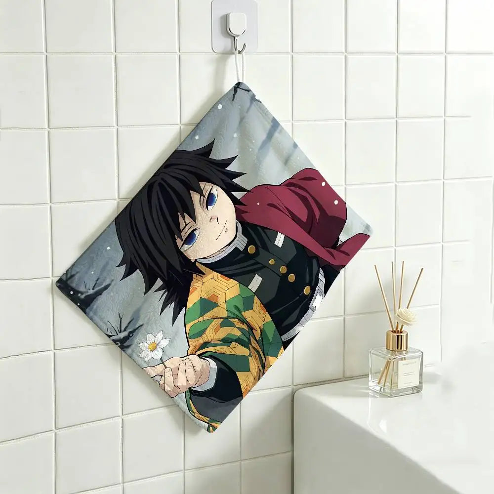 Cartoon Figure Giyu Tomioka Hanging Polyester Cotton Towel, Reusable Hand Wiping Cloth, Wear Resistant for Home Kitchen Sink