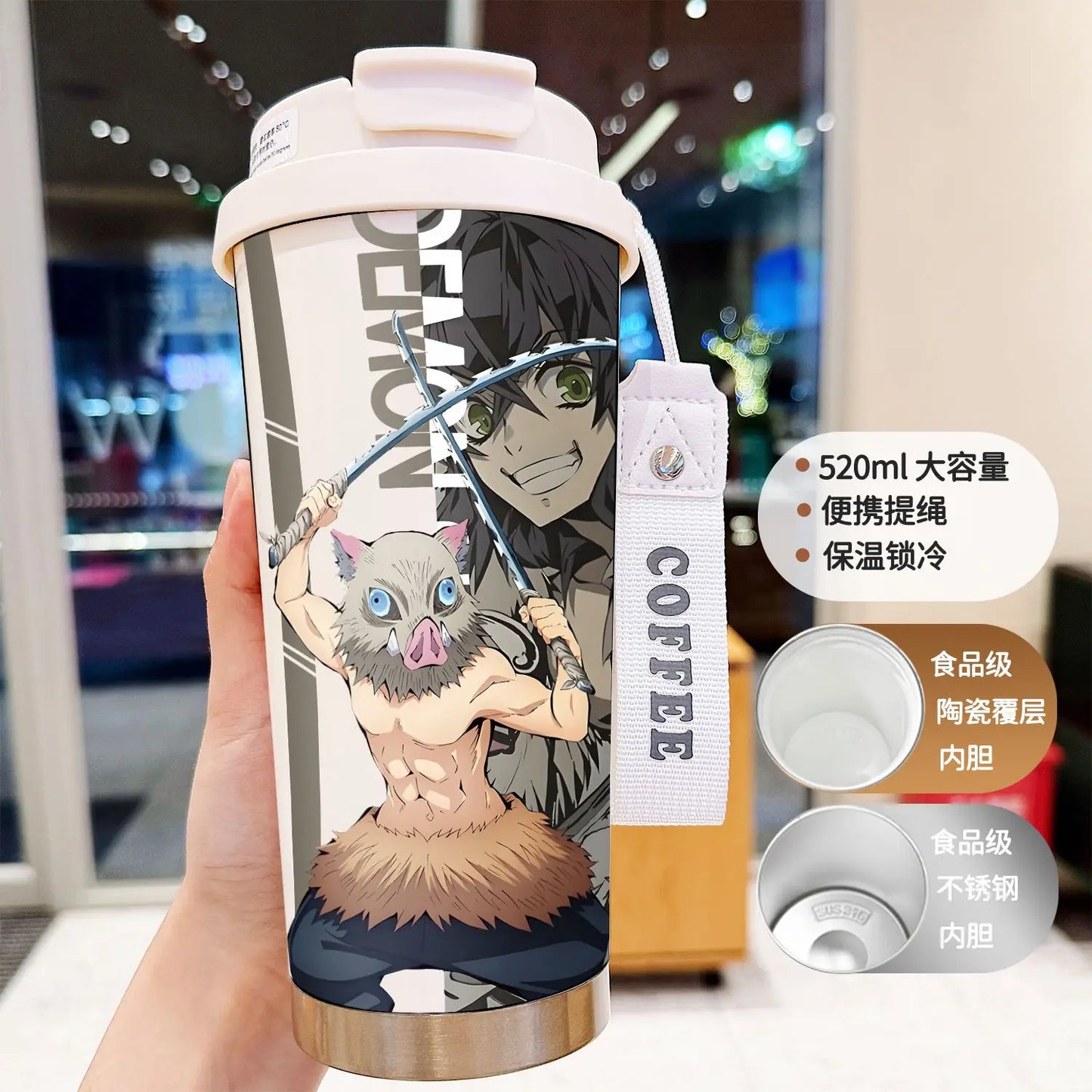 Demon Slayer Kochou Shinobu Water Cup Agatsuma Zenitsu Tomioka Giyuu Straw Thermos Cup Anime Stainless Coffee Mug Motion Bottle