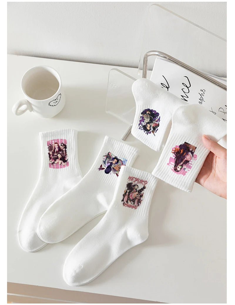 5pairs Demon Slayers Socks for Adult Cartoon Chopper Student Cotton White Long Short Boat Socks Printed Knitted Socks Fashion