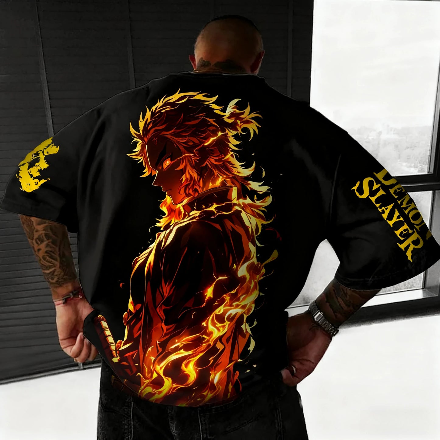 Demon Slayer Anime Rengoku Kyoujurou Printed T-shirt Summer New Men's Japanese Harajuku Loose Casual Children's Parent Child Top