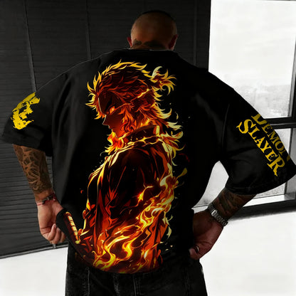 Demon Slayer Anime Rengoku Kyoujurou Printed T-shirt Summer New Men's Japanese Harajuku Loose Casual Children's Parent Child Top