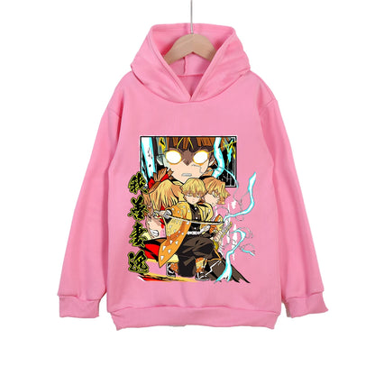 Kids Anime Demon Slayer Zenitsu Print Cotton Hoodie Unisex Boys Girls Pullover Sweatshirt Cosplay Costume for 3-12 Year Children