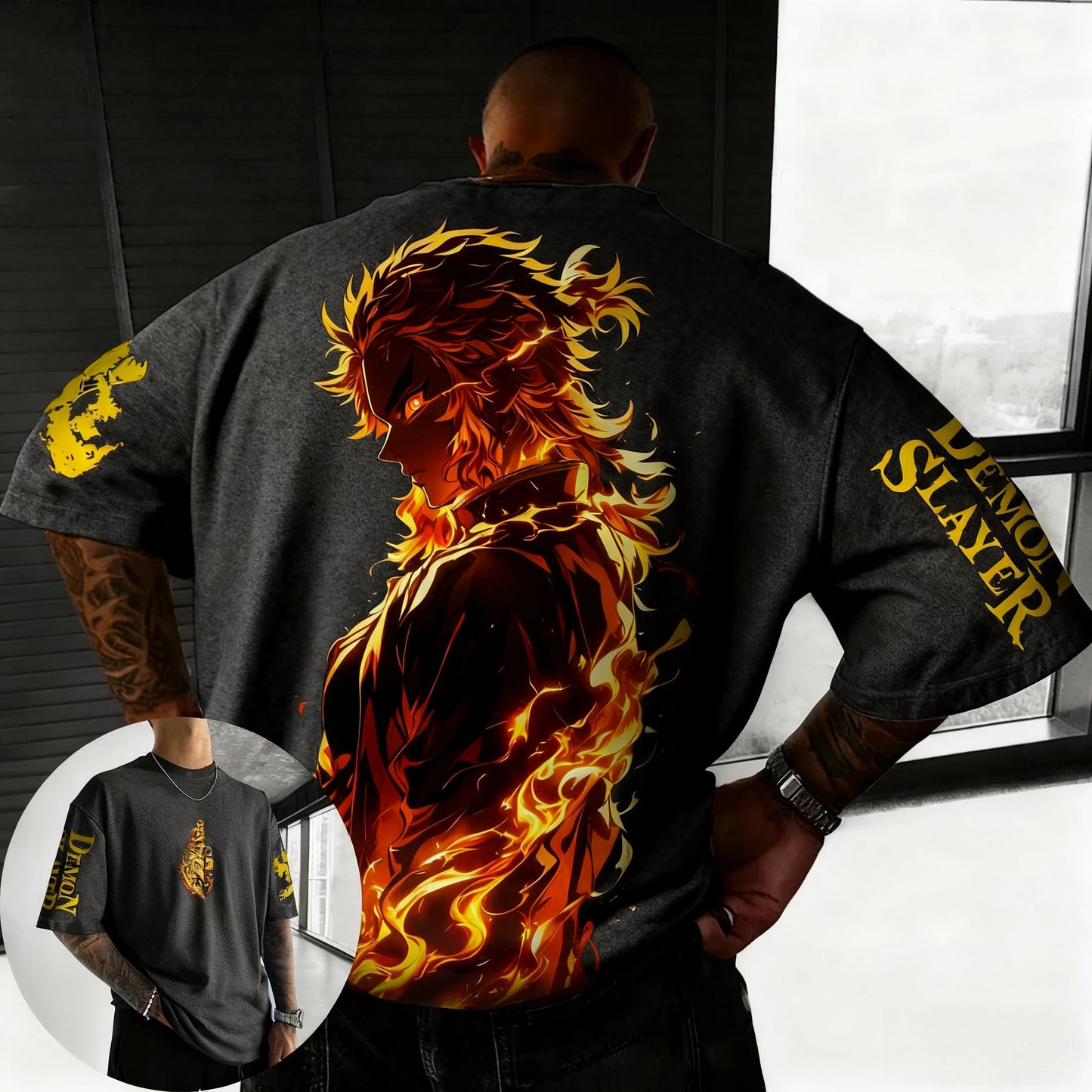 Demon Slayer Anime Rengoku Kyoujurou Printed T-shirt Summer New Men's Japanese Harajuku Loose Casual Children's Parent Child Top