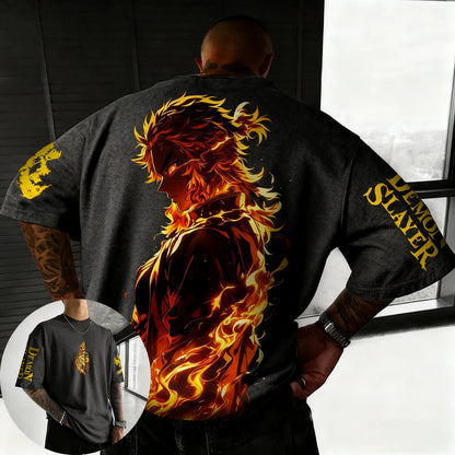Demon Slayer Anime Rengoku Kyoujurou Printed T-shirt Summer New Men's Japanese Harajuku Loose Casual Children's Parent Child Top