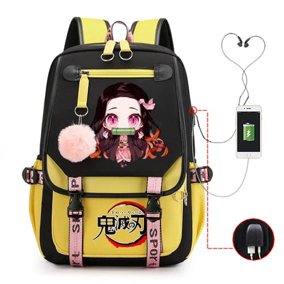 Anime Kamado Nezuko Print Backpacks Women Girls USB Charging Bags Large Capacity Children Teeneger Schoolbags Travel Bagpacks