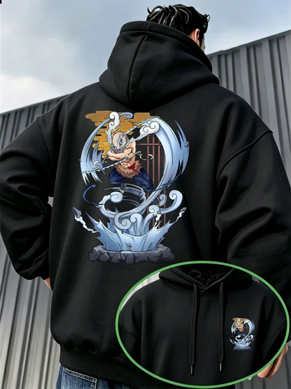 Bandai Demon Slayer Men's Hoodie with Inosuke Print, High-Quality Warm Men's Hooded Sweatshirt for Autumn and Winter