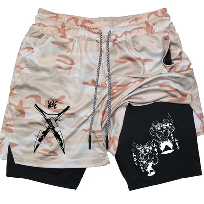 Men's Compression Shorts Anime Demon Slayer Print Beach Shorts Gym Fitness Running Quick Dry Short Pants Summer Print Sportswear