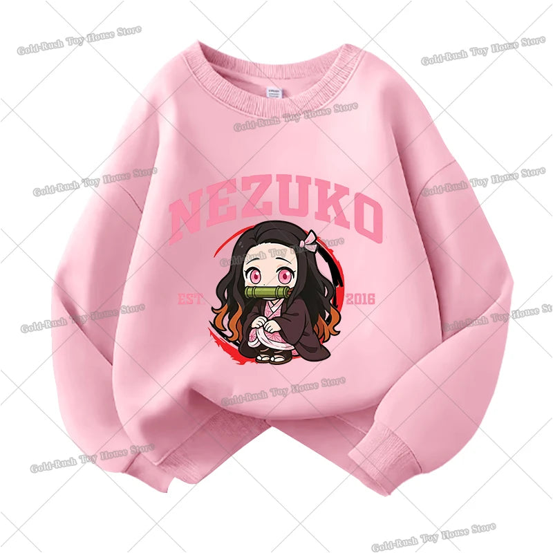 Demon Slayer Children Sweatshirt Kamado Nezuko Kochou Shinobu Autumn Sportswear for Girl Anime Tracksuit Cartoon Kids Pullovers