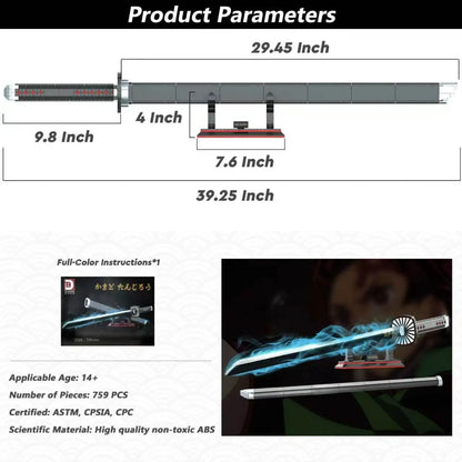 Anime Cosplay Swords Building Set, 759 Piece,One Gray Ichimonji Yamato Sword 39IN TanjiroSword Katana with Scabbard and Bracket