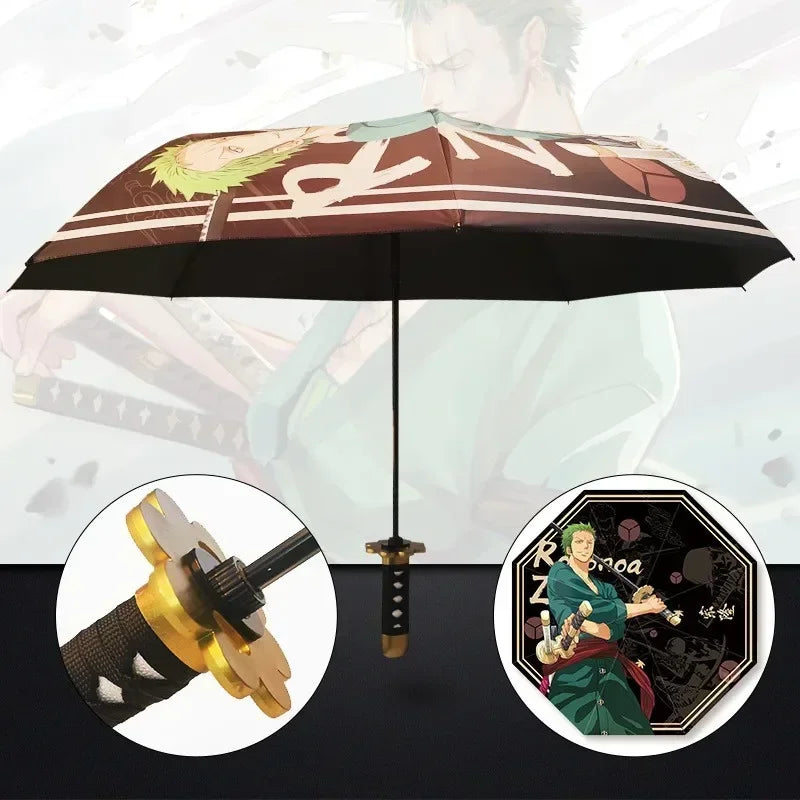 Demon Slayer Folding Katana Umbrella Tanjirou Zenitsu Anime UV Parasol Rain Gear Samurai Style Cosplay Display Photo Prop Decor
