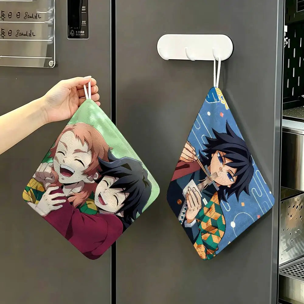 Cartoon Figure Giyu Tomioka Hanging Polyester Cotton Towel, Reusable Hand Wiping Cloth, Wear Resistant for Home Kitchen Sink