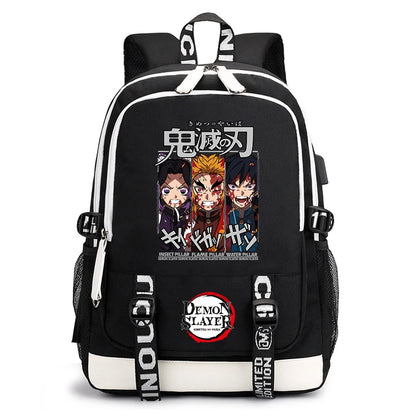 Demon Slayer Anime Print Student Backpack USB Charging Port Lightweight School Bag for Boys Girls