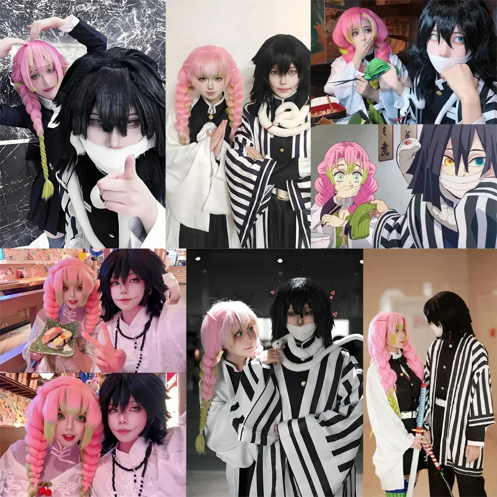 High-Quality Anime Kanroji Mitsuri Iguro Obanai Cosplay Synthetic Wig With Three Braids And Black Layered Heat-Resistant Wig