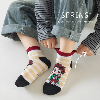 5pcs Demon Slayer socks cute anime Mitsuri Kanroji Zenitsu Agatsuma Nezuko Kamado mesh breathable socks suitable for ages 6-12