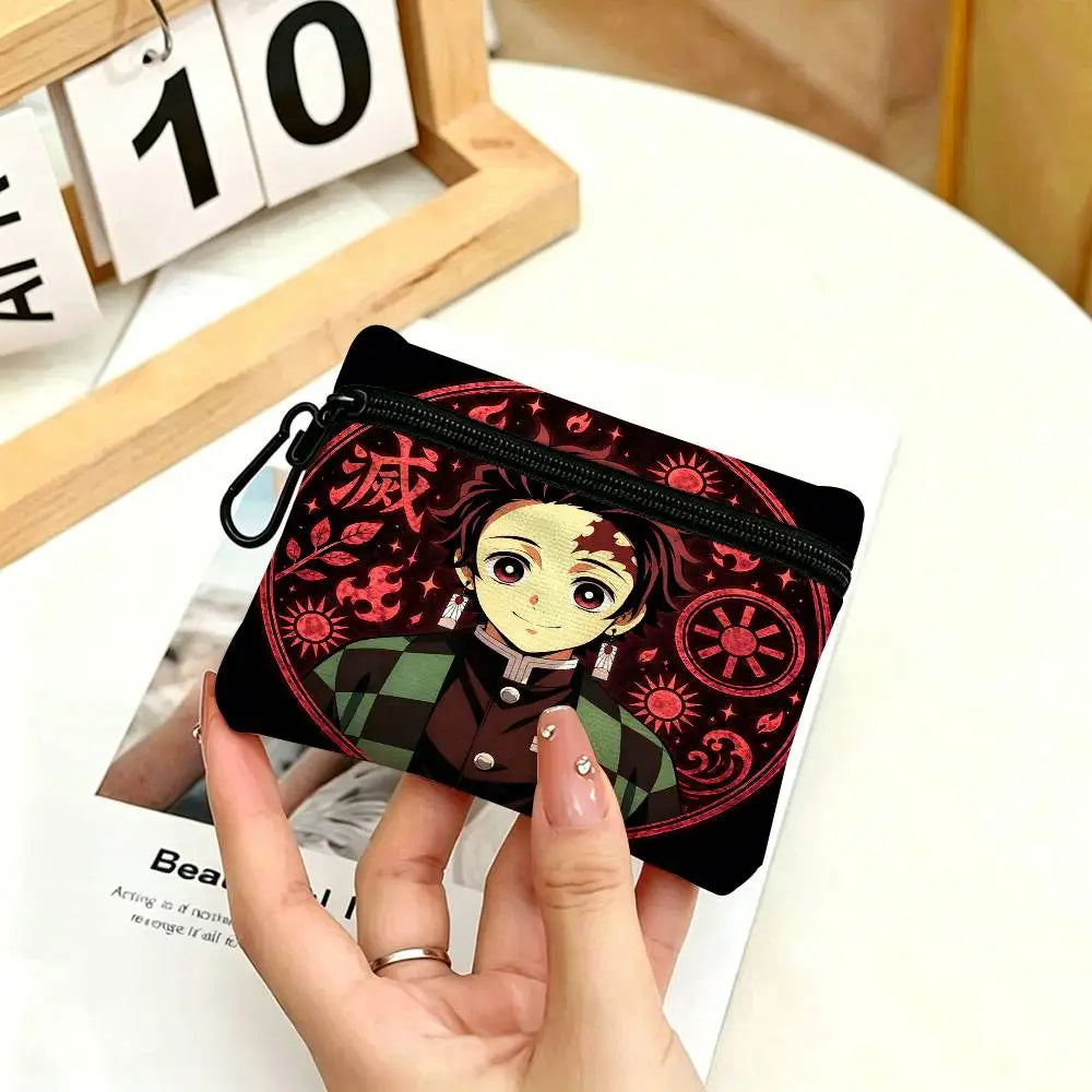 Anime Demon Slayer Multifunctional Oxford Cloth Small Pouch With Hook Mini Coin Wallet Earbud Storage Bag
