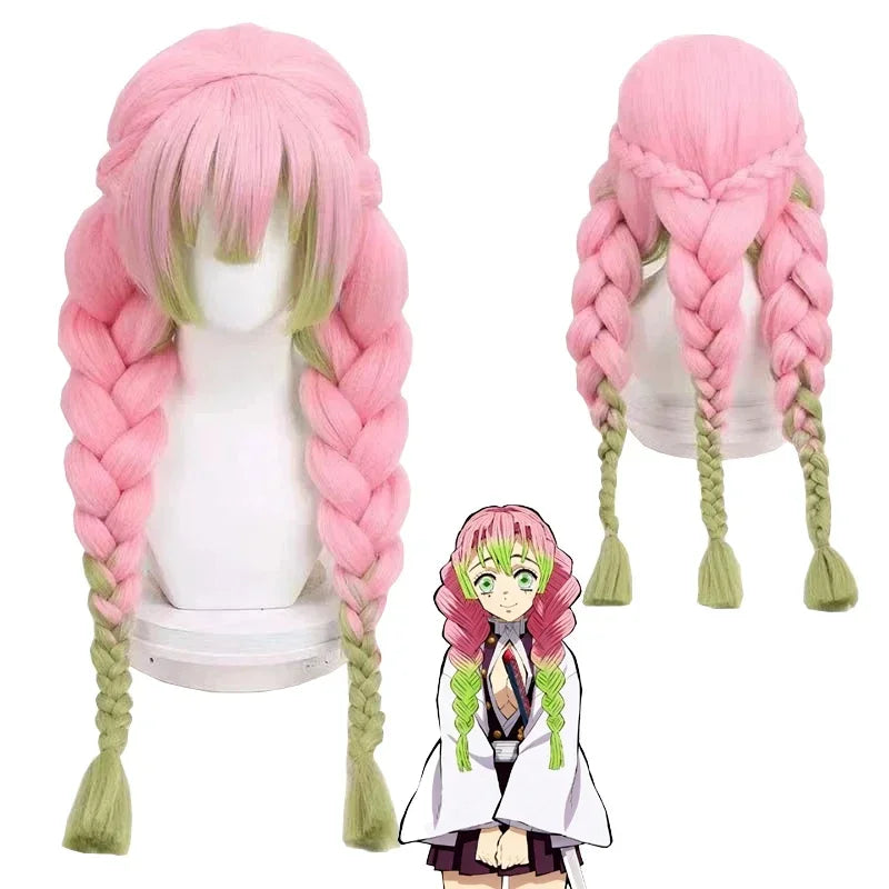 High-Quality Anime Kanroji Mitsuri Iguro Obanai Cosplay Synthetic Wig With Three Braids And Black Layered Heat-Resistant Wig
