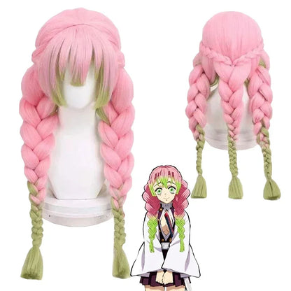 High-Quality Anime Kanroji Mitsuri Iguro Obanai Cosplay Synthetic Wig With Three Braids And Black Layered Heat-Resistant Wig