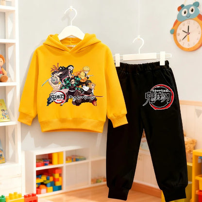 Demon Slayer Anime Hoodie Pants Set Children Hooded Sweatshirt Outerwear Pants Set Boys Girls Tops Autumn Pullover Clothing Gift