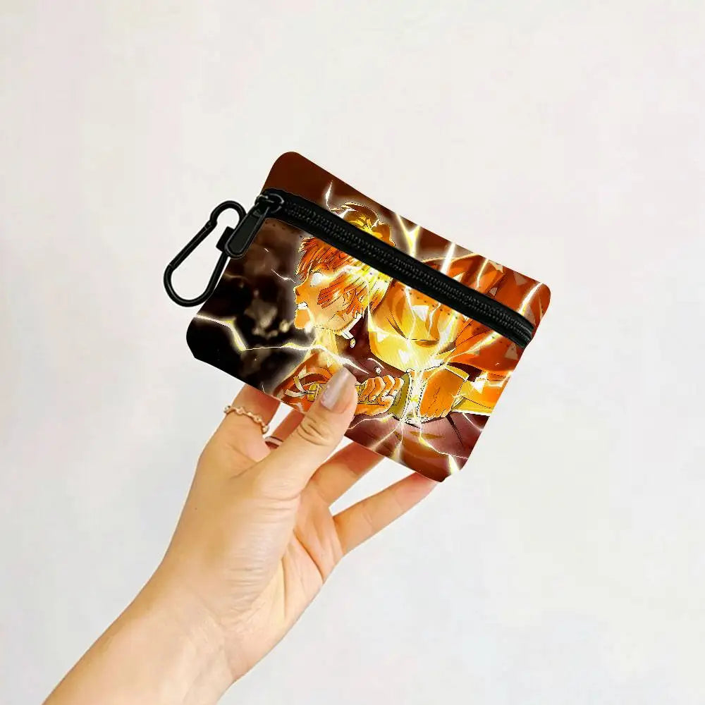 Anime D-DemonS Slayer Mini Oxford Cloth Coin Purse With Carabiner Hook Portable Key Card Wallet Small Zipper Storage Pouch
