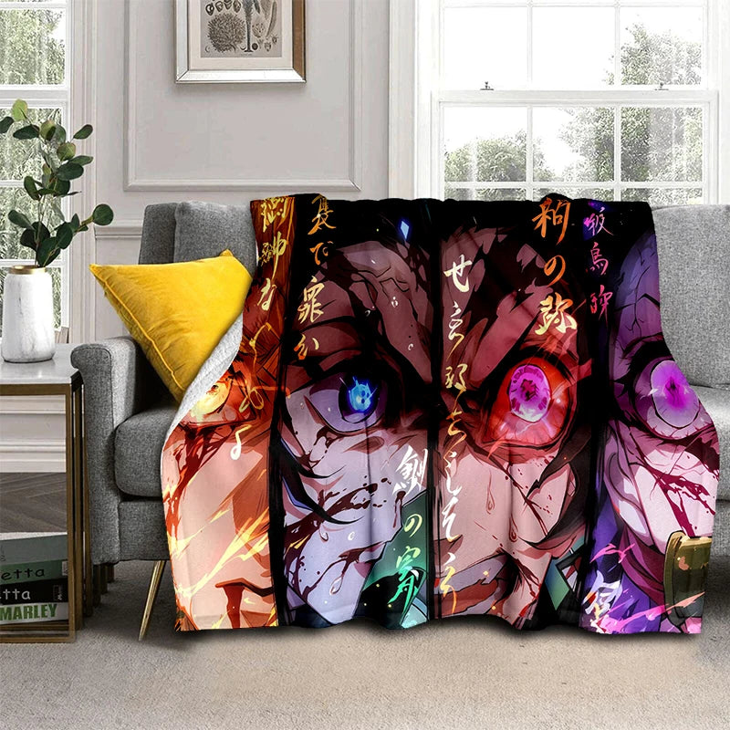 2026 Demon Slayer Tanjiro Kamado Water Breathing Print Flannel Blanket Double-sided All Seasons Throw Soft Nap Blanket for Home