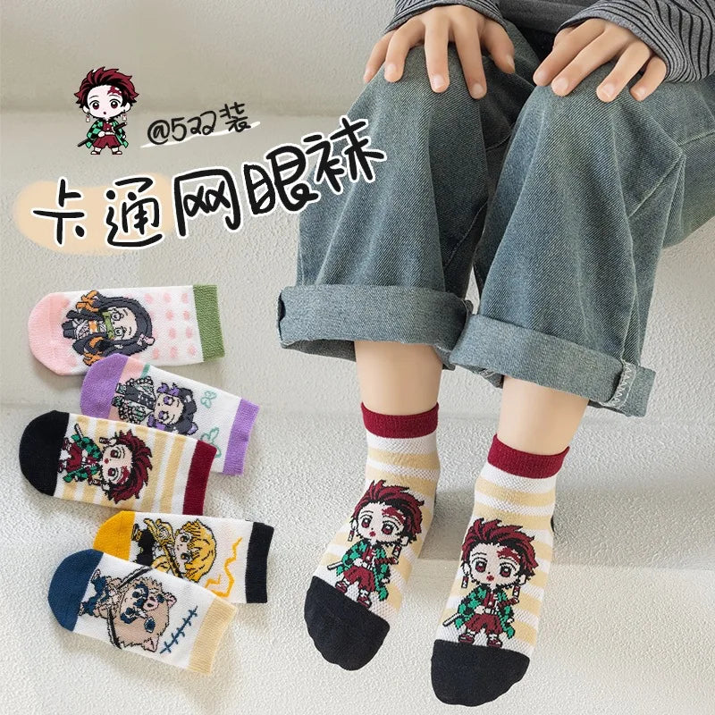 5pcs Demon Slayer socks cute anime Mitsuri Kanroji Zenitsu Agatsuma Nezuko Kamado mesh breathable socks suitable for ages 6-12