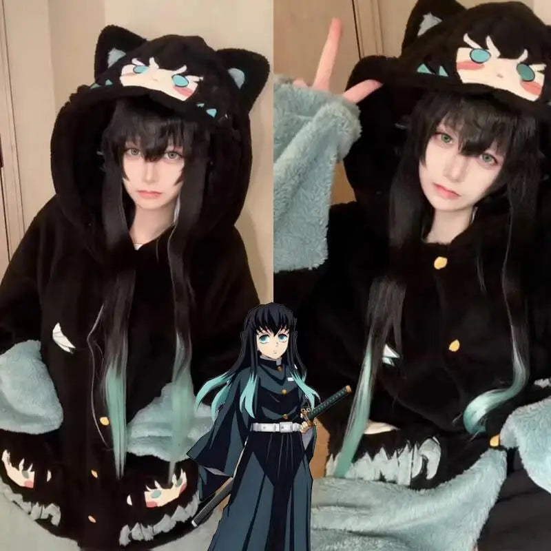 Y2K New Tokitou Muichiro Winter Pajama Anime Peripherals Demon Slayer Soft Plush Jumpsuit Kawaii Cosplay Nightwear Girls Gift