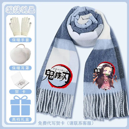 Anime Demon Slaye Nezuko Tanjiro Cartoon Printed Scarf Autumn Winter Men's and Women's Fashion Versatile Warm Grid Scarf
