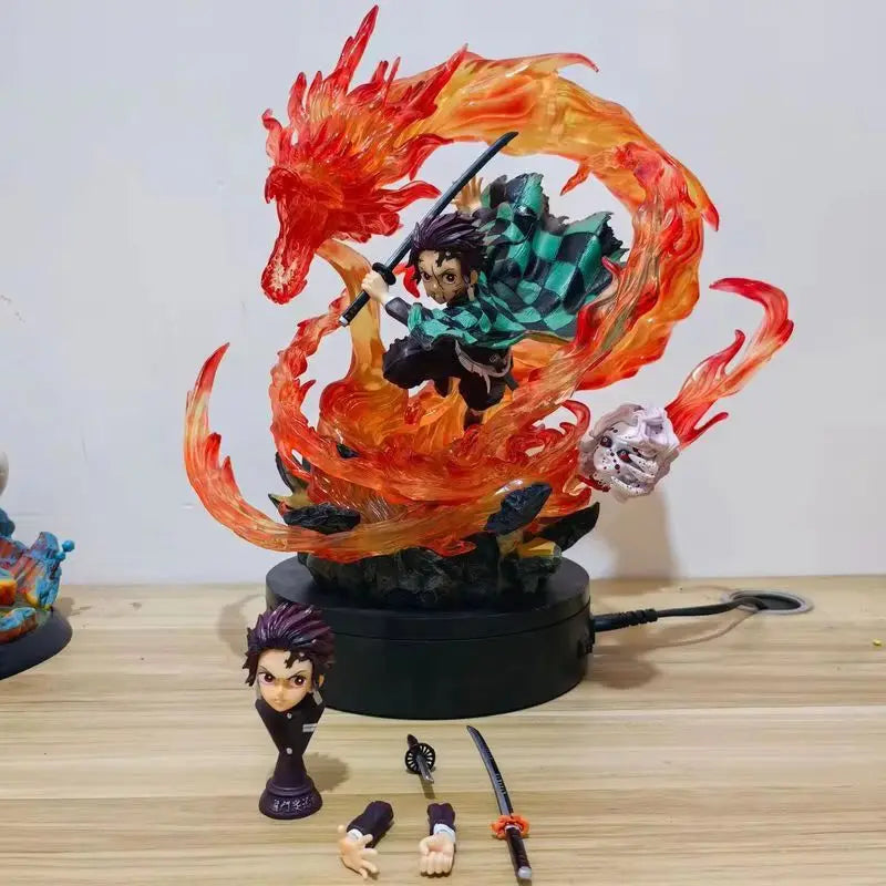 Demon Slayer 30cm Gk Statue Tanjirou Kamado Pvc Action Figure Fire Dragon Withled Light Anime Kimetsu No Yaiba Toys Figuras