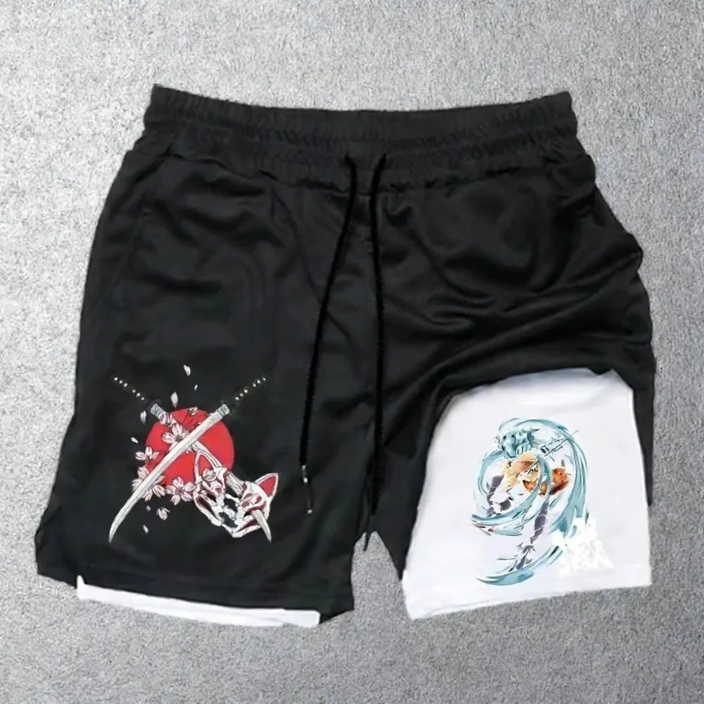 Unisex Demon Slayer Hashibira Inosuke 2026 Summer Shinjuku Anime Printed Loose Trendy Quick Drying Double Layer Sports Shorts