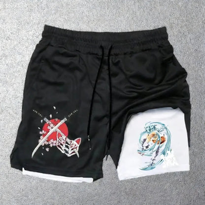 Unisex Demon Slayer Hashibira Inosuke 2026 Summer Shinjuku Anime Printed Loose Trendy Quick Drying Double Layer Sports Shorts