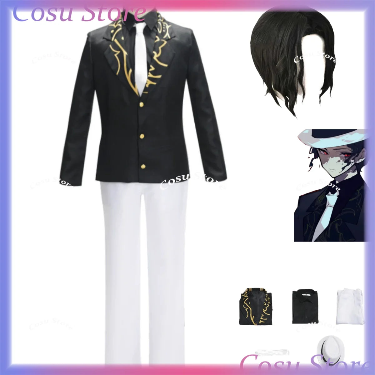 Anime Kibutsuji Muzan Cosplay Costume Wig Black Coat Uniform Shirt Formal Hat Full Set Man Woman Carnival Christmas Suit