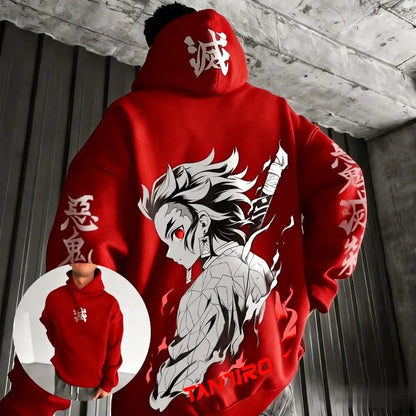 Unisex Demon Slayer Tanjiro Anime Hoodie Cotton Pullover Graphic Print Oversized Casual Streetwear Cosplay Y2k Long Sleeves Tops