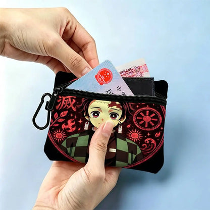 Anime Demon Slayer Multifunctional Oxford Cloth Small Pouch With Hook Mini Coin Wallet Earbud Storage Bag