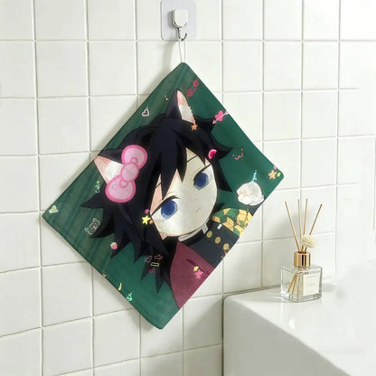 Cartoon Figure Giyu Tomioka Hanging Polyester Cotton Towel, Reusable Hand Wiping Cloth, Wear Resistant for Home Kitchen Sink