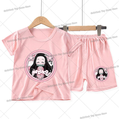 Demon Slayer Girl Pajamas Set Kamado Nezuko Kochou Shinobu Toddler Sleepwear 2pcs Cartoon Summer Home Tops Shorts Kids Pyjamas