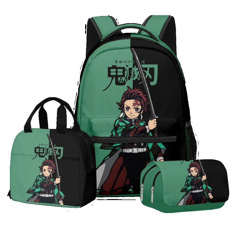 Anime Demon Slayer Kamado Nezuko 3Pcs School Bag Set Kids Backpack with Lunch Bag Pencil Case for Students Casual Travel Bookbag