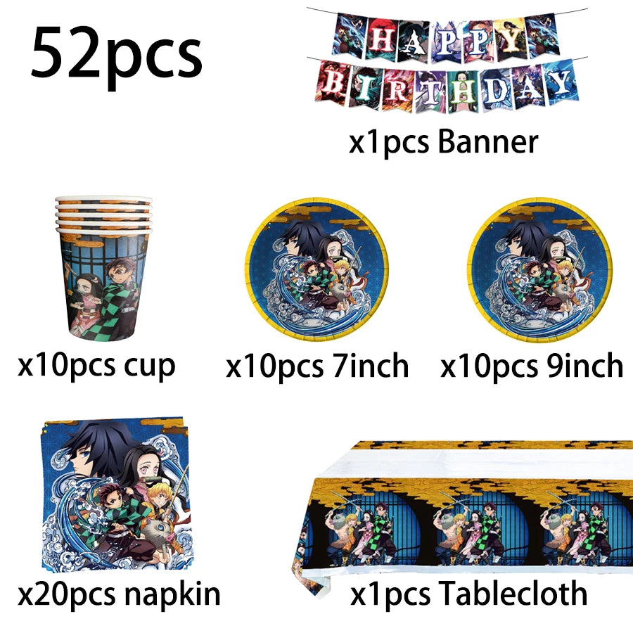 Demon Slayer Birthday Party Background Cloth Banner Balloons Paper Plates Napkins Tablecloth For Holiday Party Decor Supplies