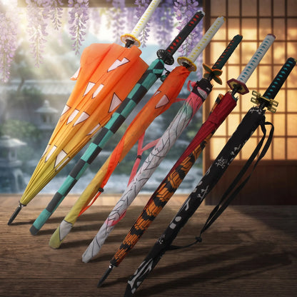 Demon Slayer Katana Umbrella Kimetsu Long Rain Parasol UV Blocking Anime Samurai Style Cosplay Display Photo Prop Long Handle