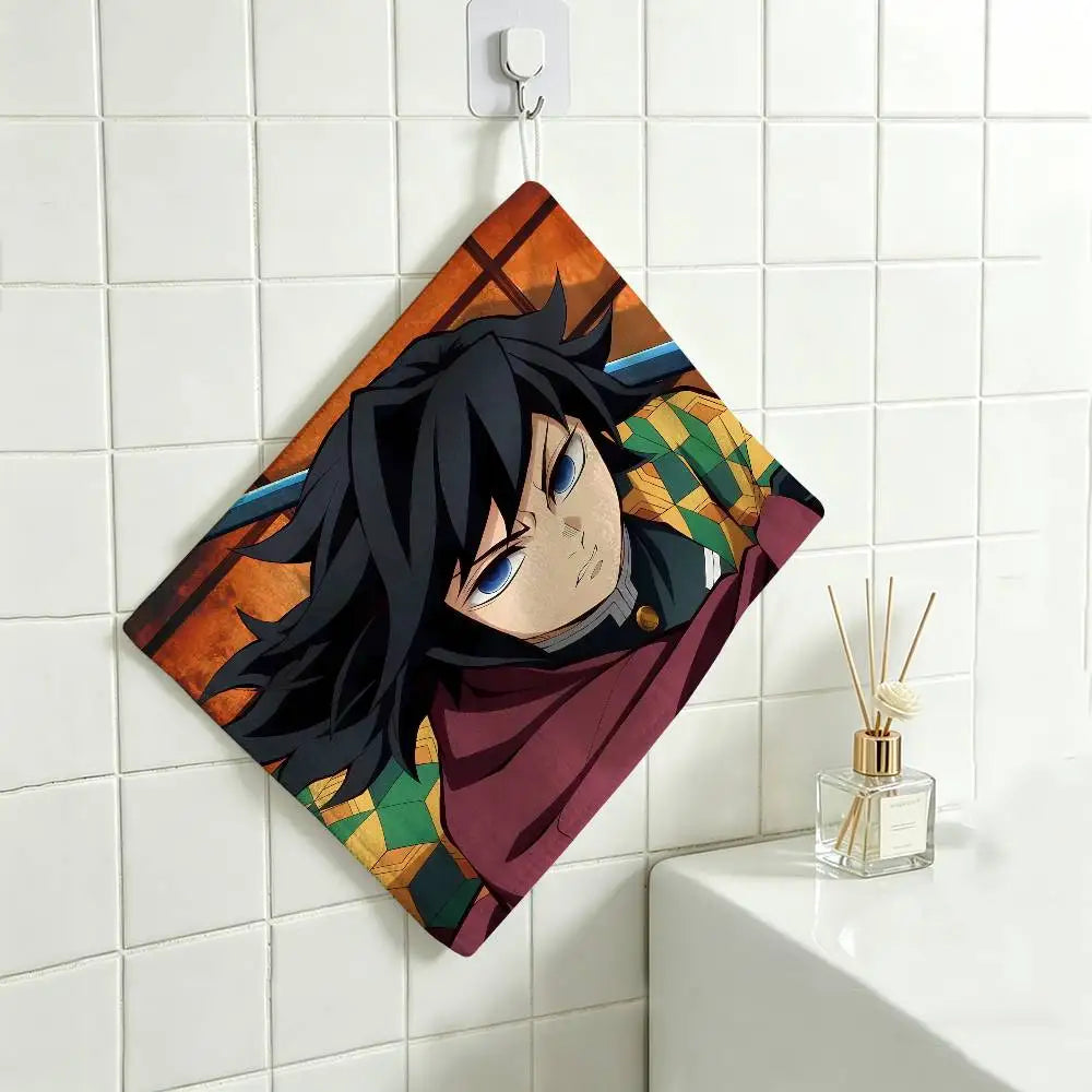 Cartoon Figure Giyu Tomioka Hanging Polyester Cotton Towel, Reusable Hand Wiping Cloth, Wear Resistant for Home Kitchen Sink